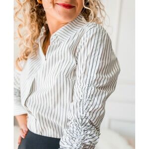 Cabi 4530 Striped Ruched Sleeve Button Down Shirt White Navy Blue XL